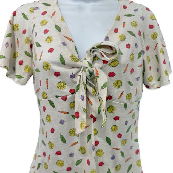 Vintage Tie Front Ivory Vegetable Print Carrot Tomato Peas Lettuce Tee size S - Picture 4 of 10
